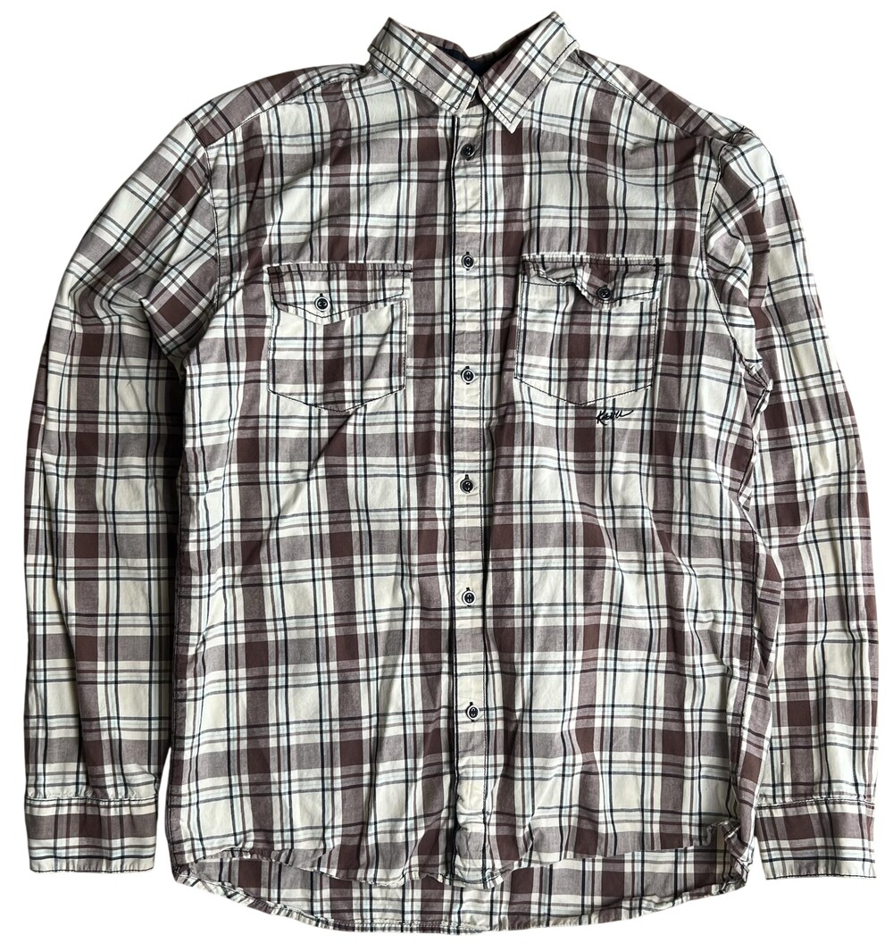 KAVU Shirt Mens M Brown Plaid Button-Up Collared 100% Cotton Lightweight Flannel